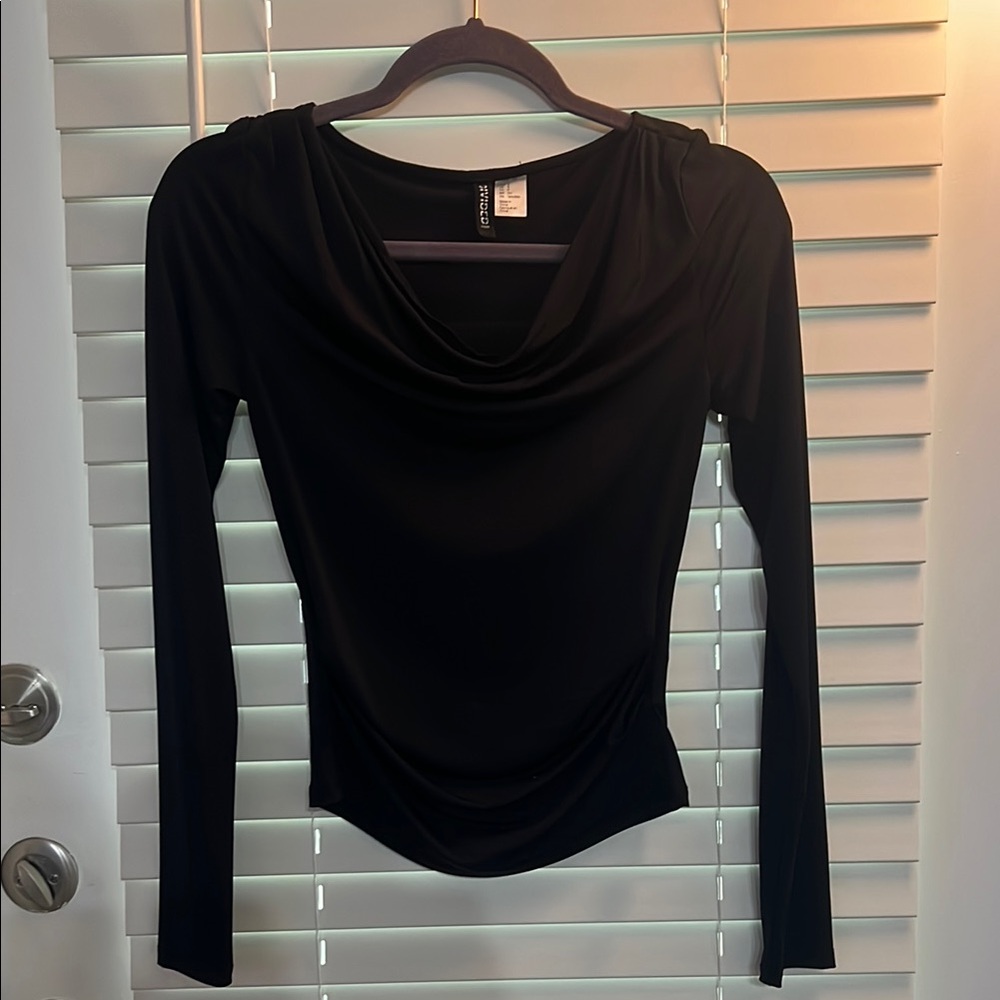 Divided Black Drape Neck Blouse